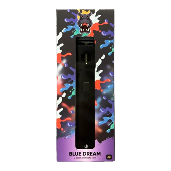 Blue Dream 2g distillate vape pen in dynamic packaging with hippo logo