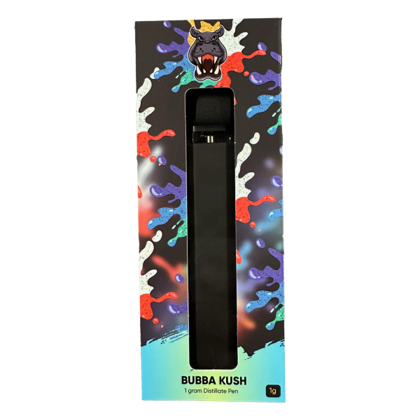 Bubba Kush 1g distillate vape pen in colorful packaging with hippo logo