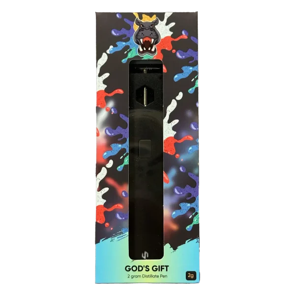 God’s Gift 2g distillate vape pen in bold packaging with hippo logo