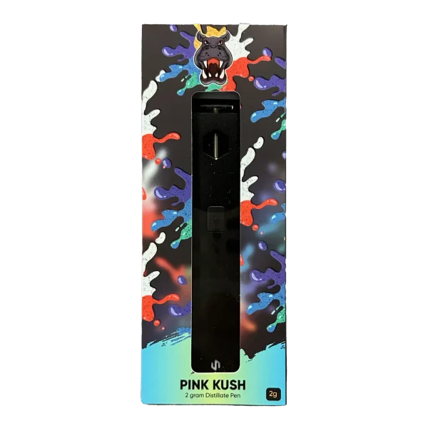 Pink Kush 2g distillate vape pen in colorful packaging with hippo logo