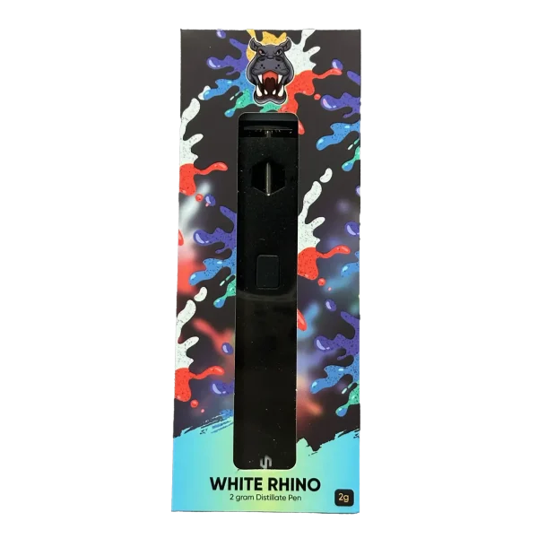 White Rhino 2g distillate vape pen in colorful packaging with hippo logo