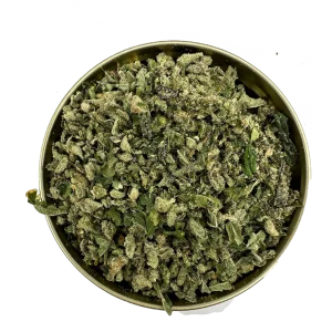 Top-down view of Banana Punch Shake cannabis blend packed into a tin