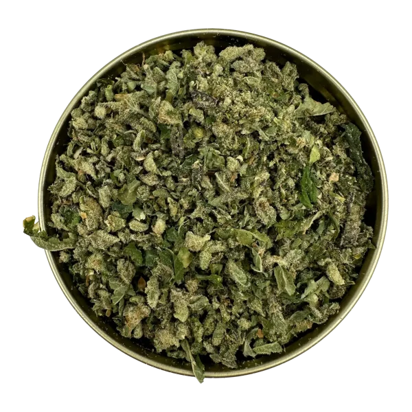 Close-up of Banana Punch Shake cannabis blend in a tin