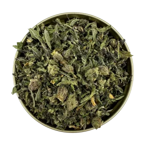 Top-down view of Death Bubba Shake cannabis blend packed in a round tin