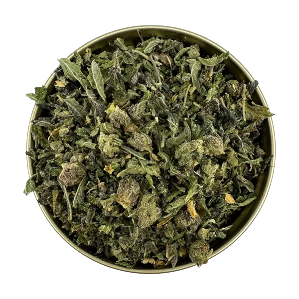 Top-down view of Death Bubba Shake cannabis blend packed in a round tin