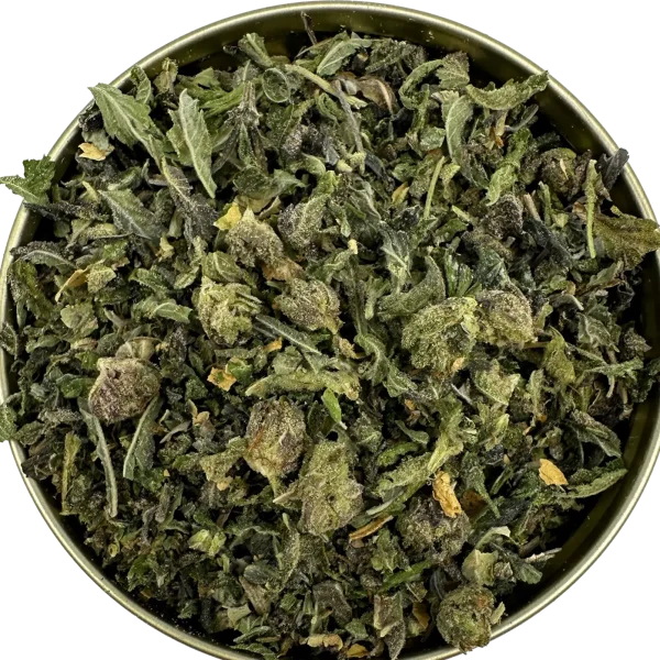 Close-up of Death Bubba Shake cannabis blend in a metal tin