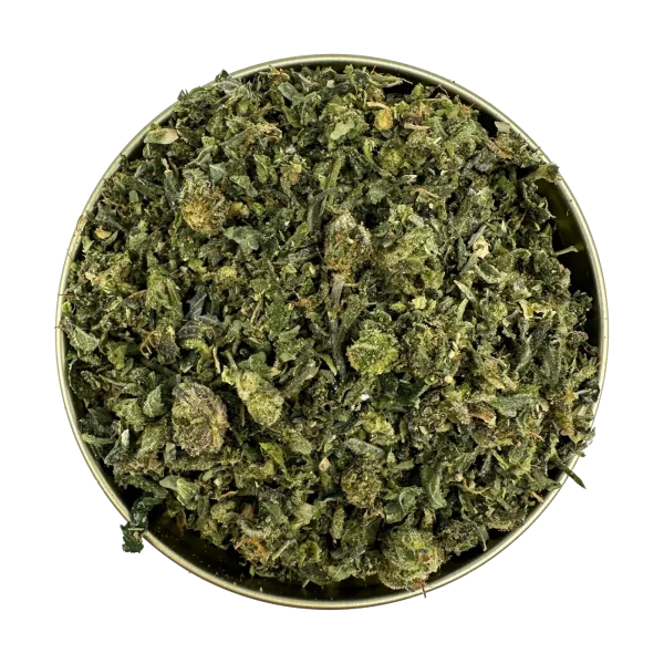 Rockstar Shake cannabis blend filled to the top of a round tin, finely ground