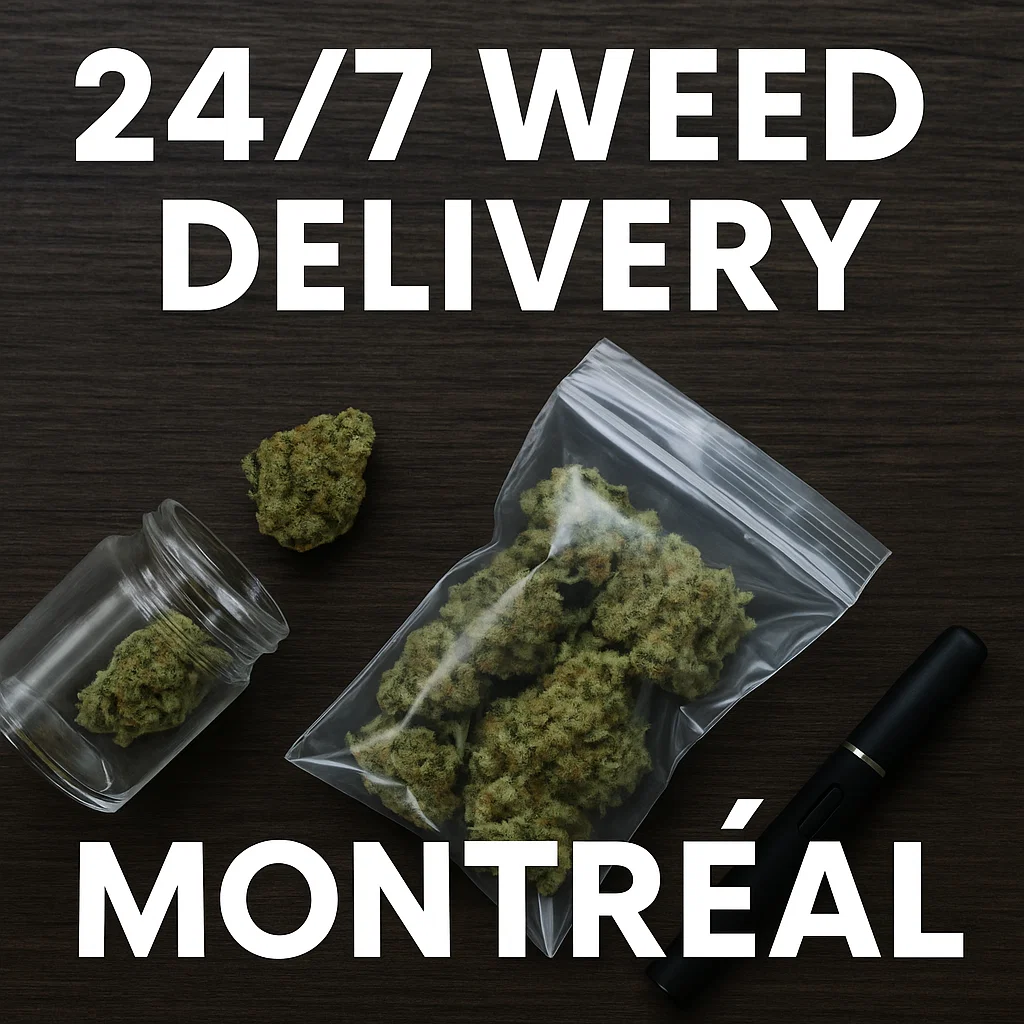Cannabis buds in a tipped glass jar and a resealable bag with a vape pen on a wood surface and headline “24/7 Weed Delivery Montréal”.