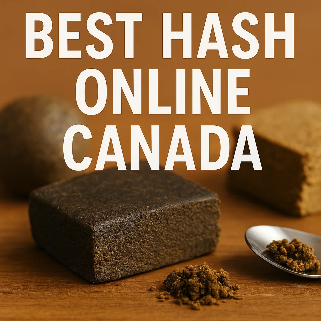 Close-up of dark and blond pressed hash blocks with loose crumbs on a wooden surface; bold headline reads “Best Hash Online Canada.