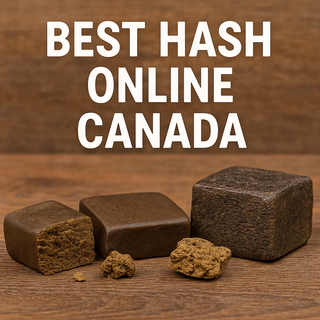 Three pressed hash blocks—two medium-brown and one dark—arranged on a wooden table with small broken chunks; headline reads “Best Hash Online Canada.”