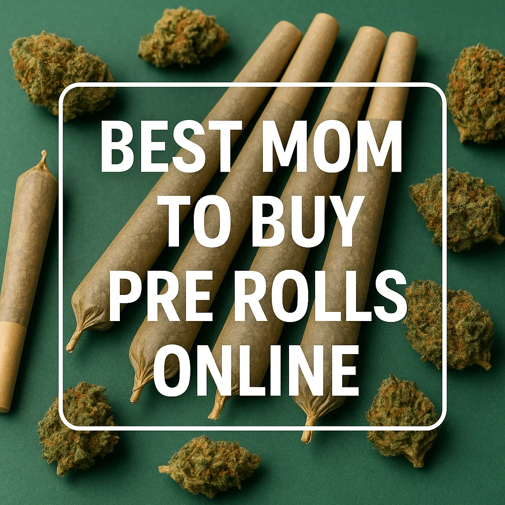 Flat-lay of large cannabis pre-rolls with scattered buds on a green background; headline reads “Best MOM to buy pre rolls online.”