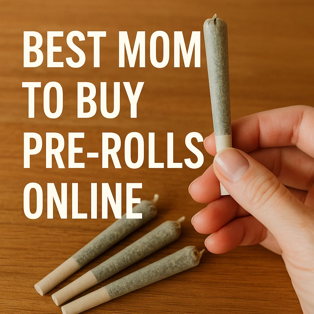 Hand holding a cannabis pre-roll above a wooden table with three more joints; text reads “Best MOM to buy pre-rolls online.