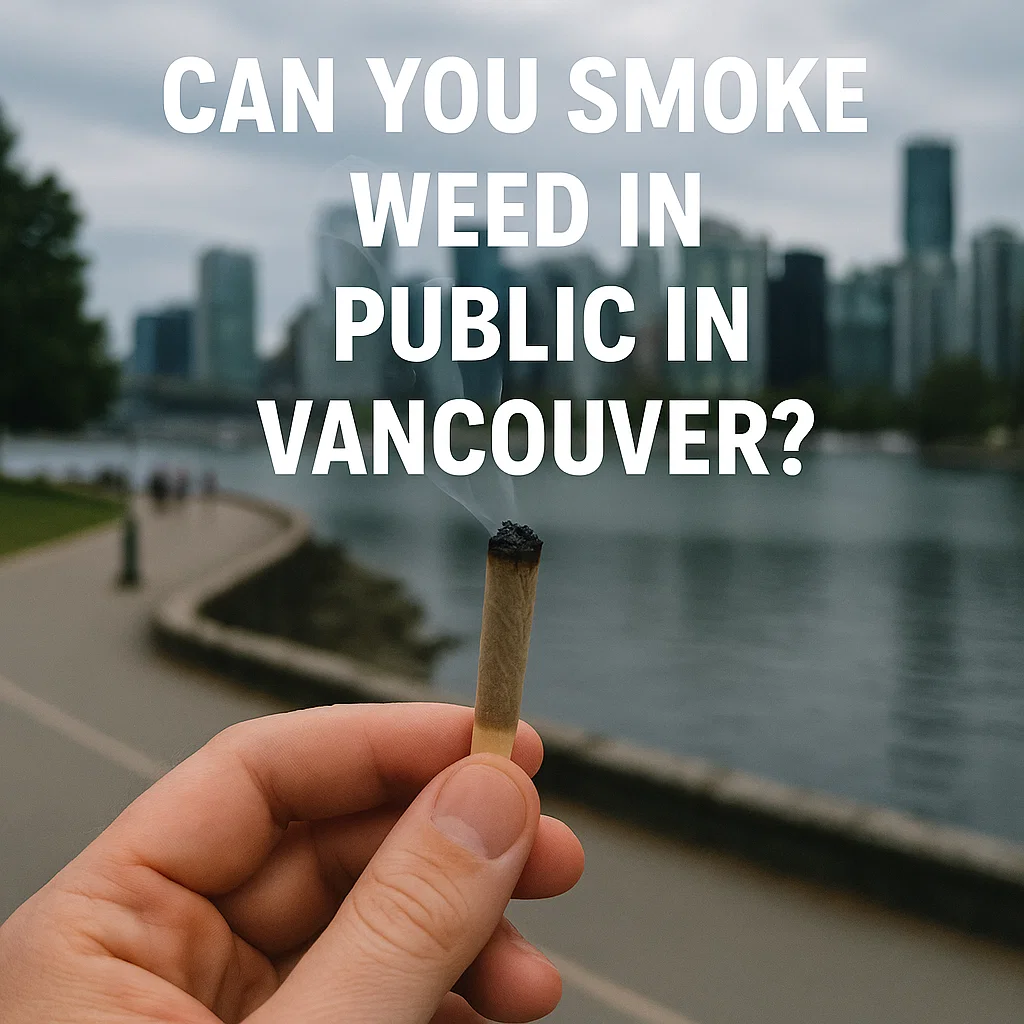 Hand holding a small joint with smoke curling up along Vancouver’s seawall and skyline.
