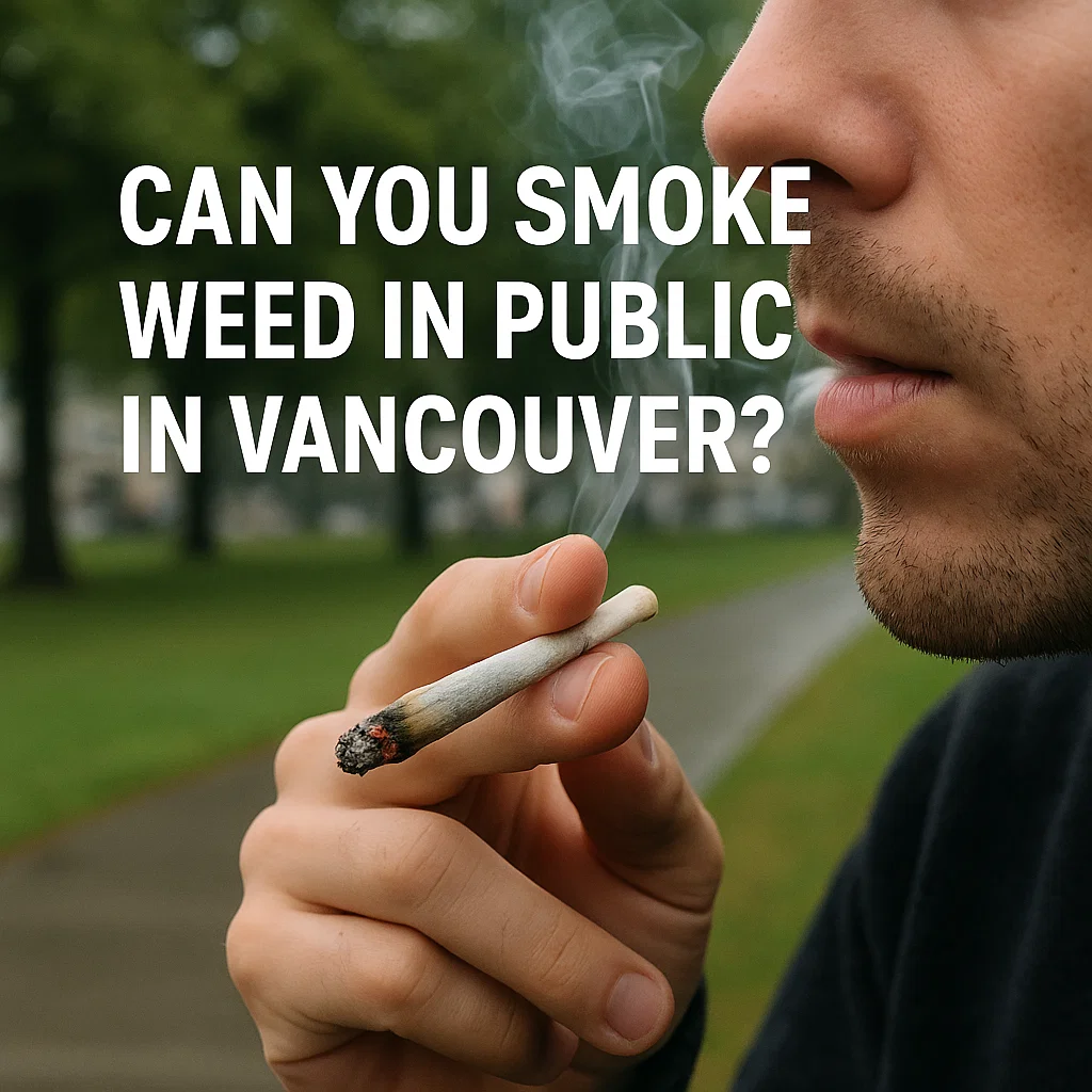 Close-up of a man holding a lit joint with faint smoke in a leafy Vancouver park.
