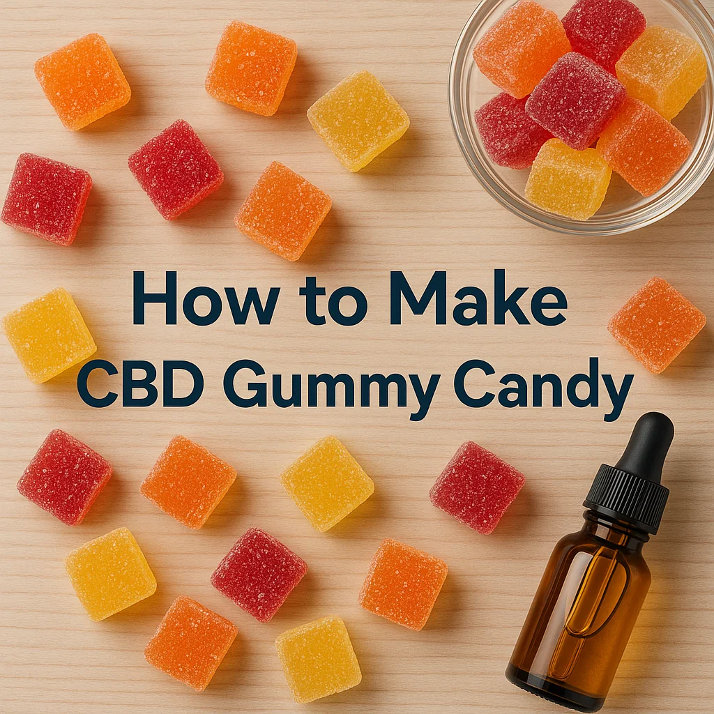 Square fruit jellies scattered around an amber CBD dropper bottle with headline text “How to Make CBD Gummy Candy.”