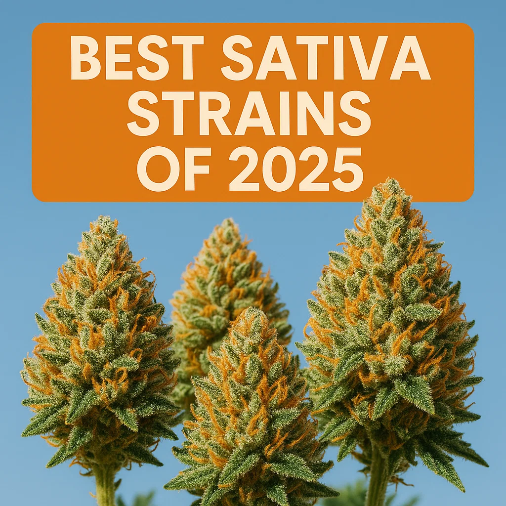 Close-up of frosty sativa buds with vivid orange pistils beneath a banner reading “Best Sativa Strains of 2025.”