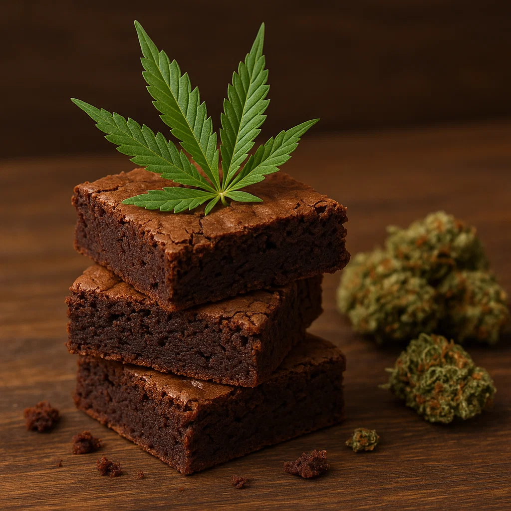 Stack of fudgy chocolate brownies topped with a cannabis leaf, with dried cannabis buds in the background on a wooden surface.