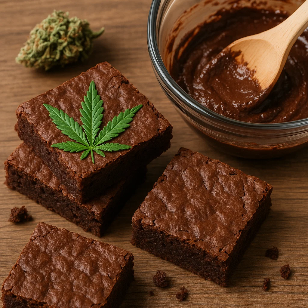 Four brownies on a wooden table beside a mixing bowl of chocolate batter and a cannabis bud; one brownie is garnished with a cannabis leaf.