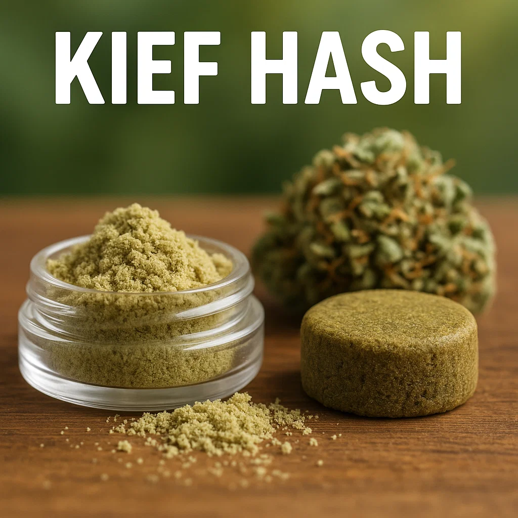Clear jar of loose kief with a round pressed hash puck on a wood table; blurred cannabis bud in the background; headline “KIEF HASH.”