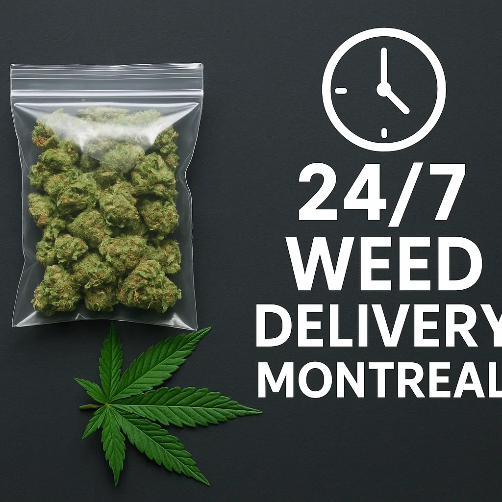 Sealed bag of cannabis buds and a cannabis leaf on a dark background with a clock icon and headline “24/7 Weed Delivery Montreal”.