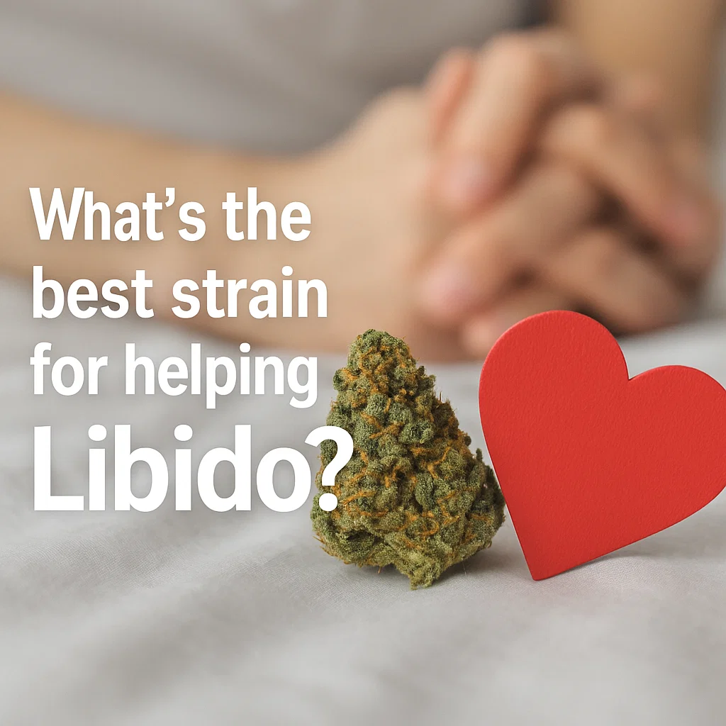 Cannabis bud and red heart prop on a bed with blurred folded hands in the background; overlaid text reads “What’s the best strain for helping Libido?”