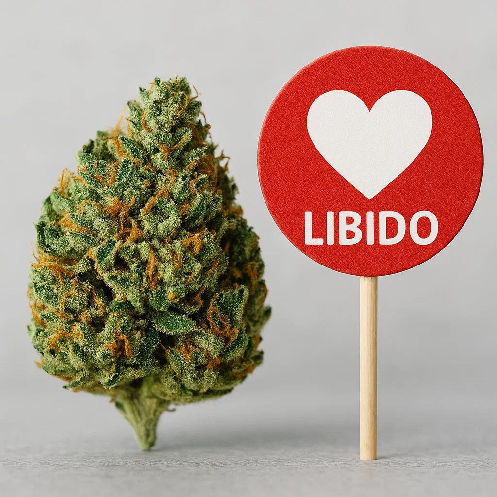 Close-up cannabis nug beside a round red sign with a white heart and the word “LIBIDO” on a neutral background.