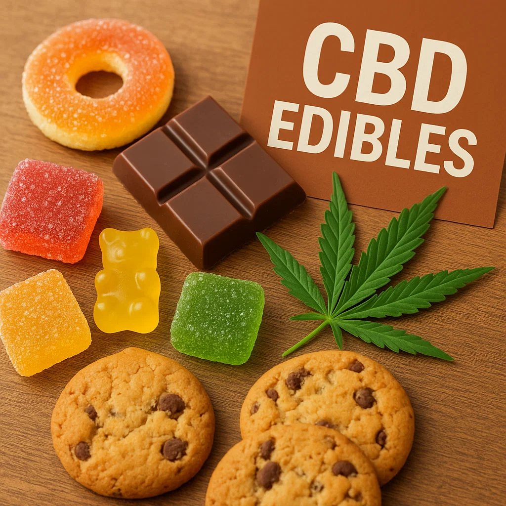 Assortment of CBD edibles—fruit gummies, chocolate square, cookies, and a hemp leaf—next to a card labeled “CBD Edibles.”