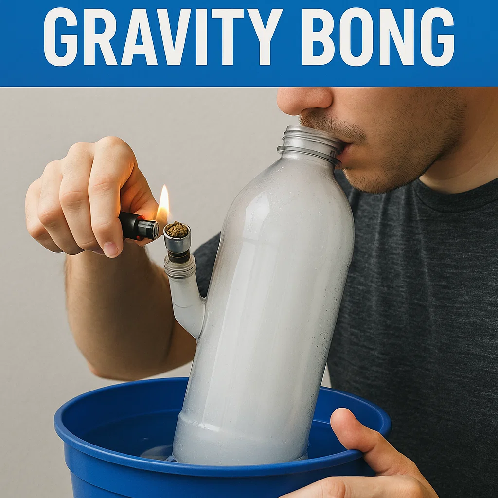 Person lighting a DIY gravity bong made from a plastic bottle submerged in a bucket of water.