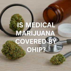 Cannabis buds and medical tools illustrating the question of OHIP coverage for medical marijuana