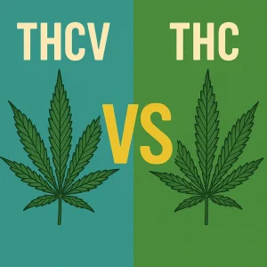 Cannabis leaves labeled THCV and THC with a VS symbol highlighting their contrast