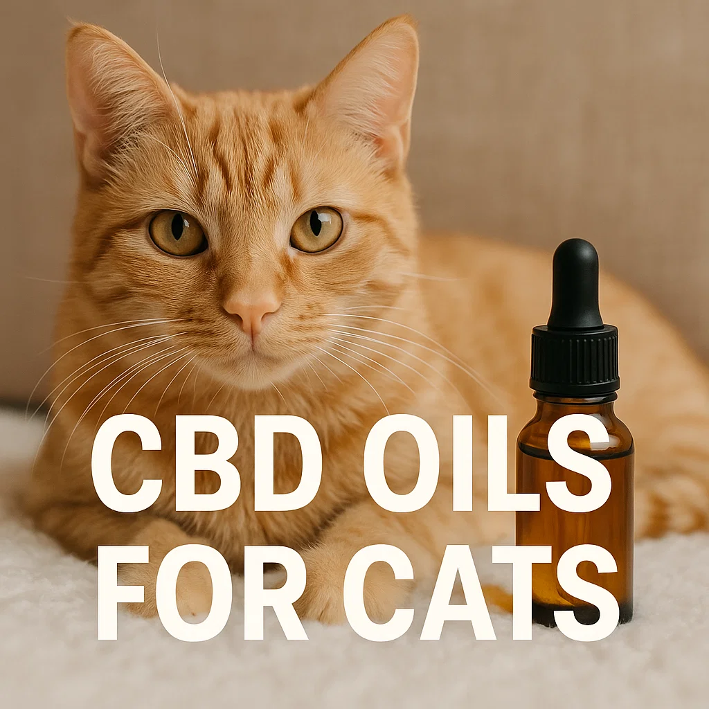 Orange cat lying on a soft surface with an amber CBD oil dropper bottle; large text reads “CBD OILS FOR CATS.”