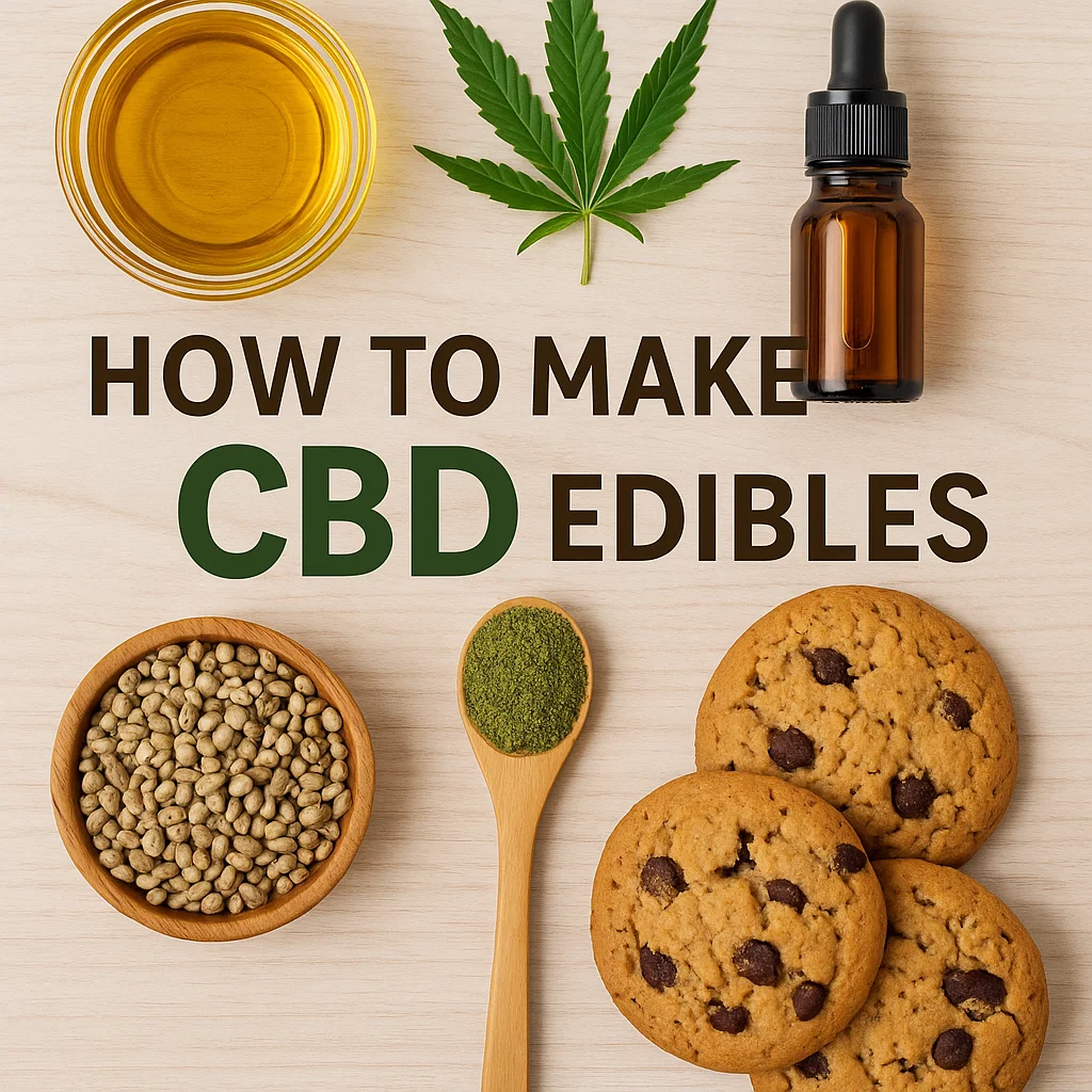 Top-down photo showing “How to Make CBD Edibles” with CBD oil, hemp leaf, tincture bottle, hemp seeds, green powder, and chocolate-chip cookies.
