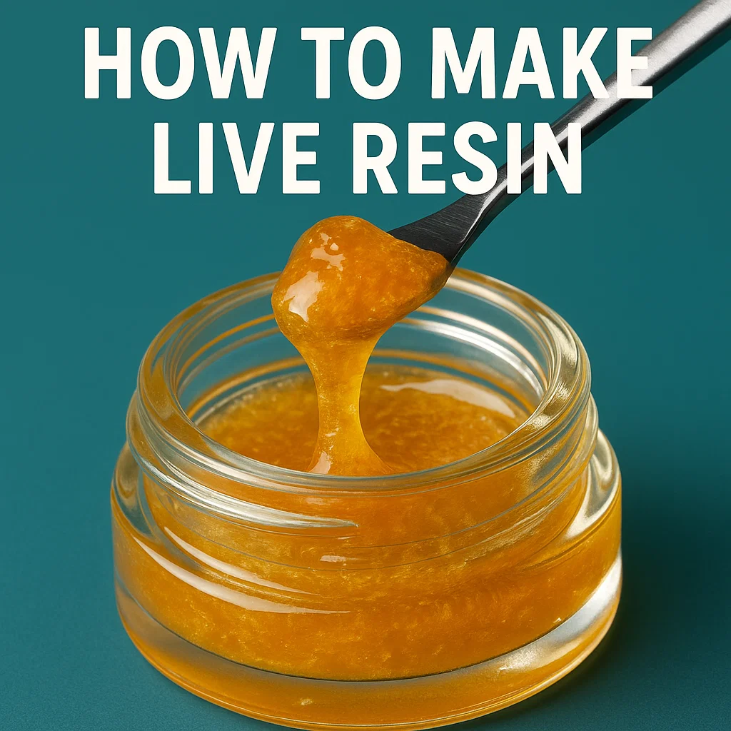 Jar of golden live resin with a dab tool lifting a glossy scoop.