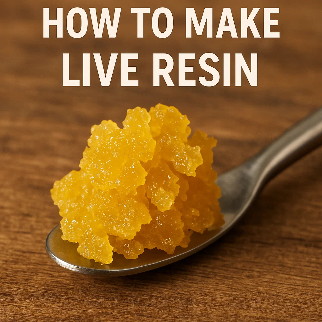 Spoonful of crystalline live resin diamonds on a wooden surface.