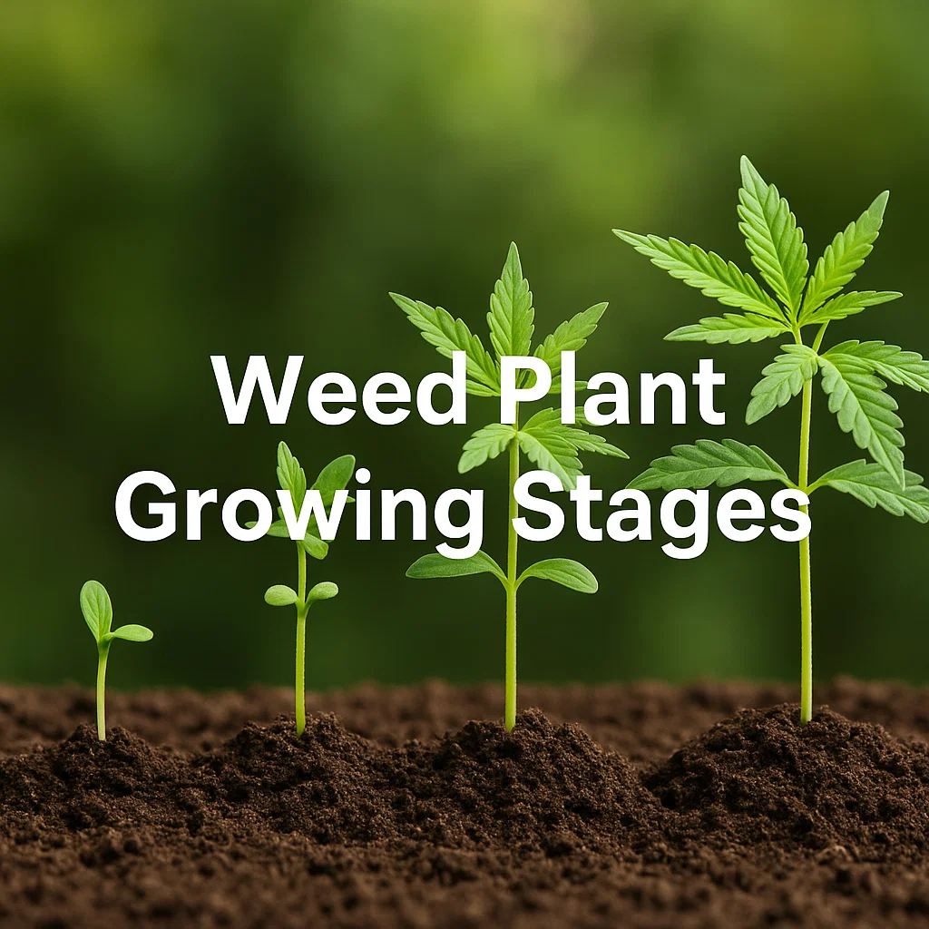 young cannabis plants in soil at various growth stages against a green background.