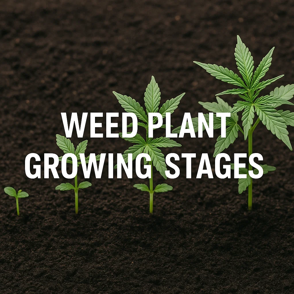 Cannabis plants at different growth stages emerging from soil representing weed plant growing stages.