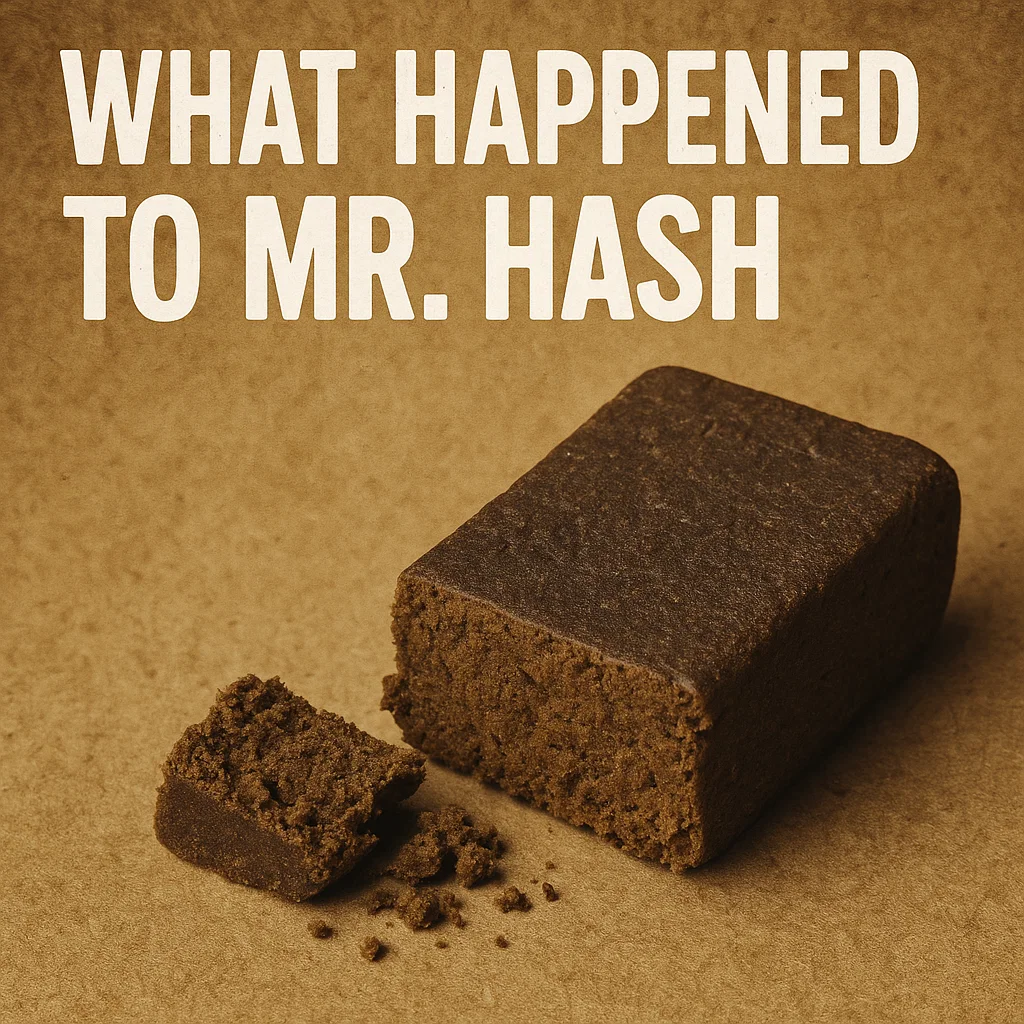 Block of brown hashish on a paper background with text reading What Happened to Mr. Hash.