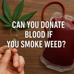 A joint held beside a blood donation bag and cannabis leaf on a wooden surface, illustrating cannabis use and blood donation eligibility.