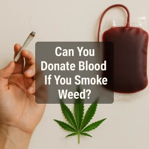 A hand holding a lit joint beside a cannabis leaf and a blood donation bag, symbolizing the question of donating blood after smoking weed.