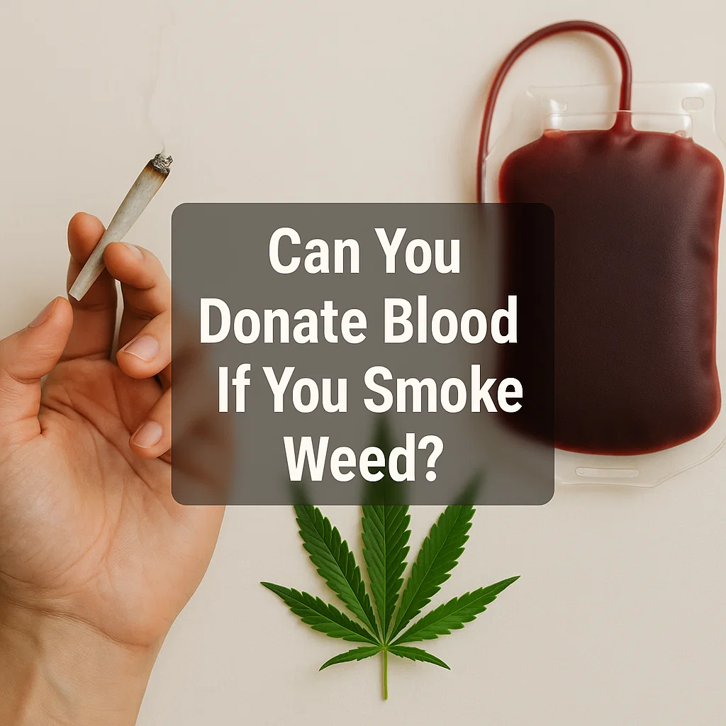 A hand holding a lit joint beside a cannabis leaf and a blood donation bag, symbolizing the question of donating blood after smoking weed.