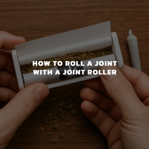 Person rolling cannabis using a white joint roller and paper on a wooden table.