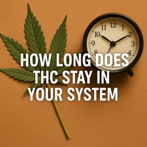 Cannabis leaf beside a clock representing how long THC stays in your system.