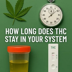 Cannabis leaf, urine sample cup, and THC drug test on a green background showing the concept of THC detection time.