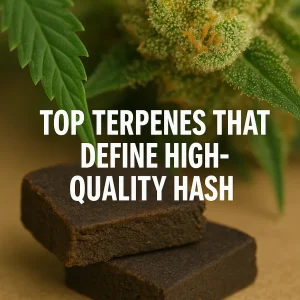 Close-up of dark hash slabs with bright cannabis flower showing resin and trichomes.