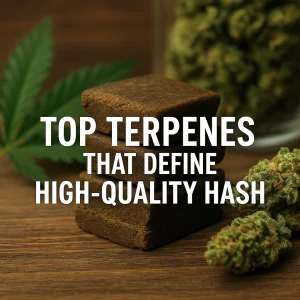 Stacked brown hash blocks beside cannabis buds on a wooden surface showing terpene-rich quality.