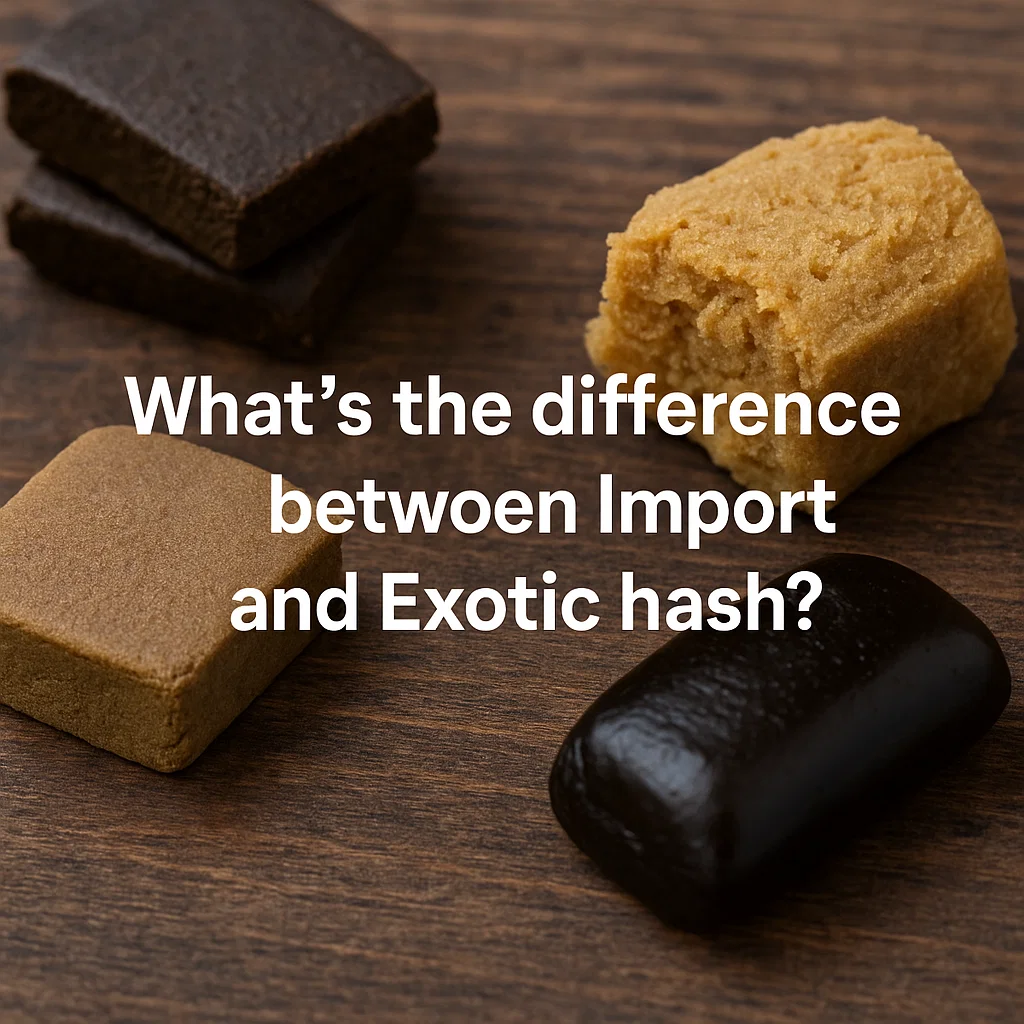 Assorted light and dark hash cubes on a wooden surface comparing imported and exotic hash.