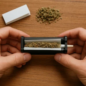 Close-up of a black joint roller filled with ground cannabis, filter tip visible on one end.