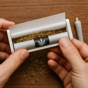 Hands using a joint roller with ground cannabis and a paper featuring a cannabis leaf design.