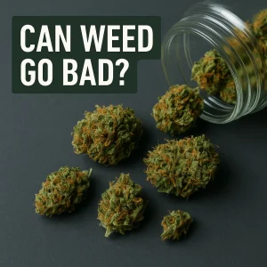 Green cannabis buds scattered from a glass jar onto a dark gray background.