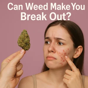 A woman with acne on her face looks at a large cannabis bud being held near her, questioning if weed causes breakouts.